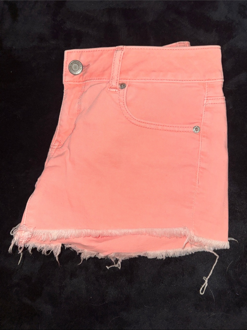 Neon Coral Pink Frayed Hem Women's Denim Shorts - Picture 4 of 6